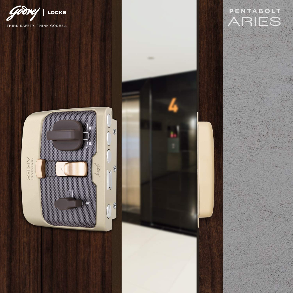 Godrej Rim Lock I Pentabolt Aries 3KS I 5 Bolts I 1CK Deadbolt I For Home Main Door I for Inside Opening Door l Left Right Handed Doors I 4Keys I 15 Year Warranty I Manual Locking I Vegas Gold Finish
